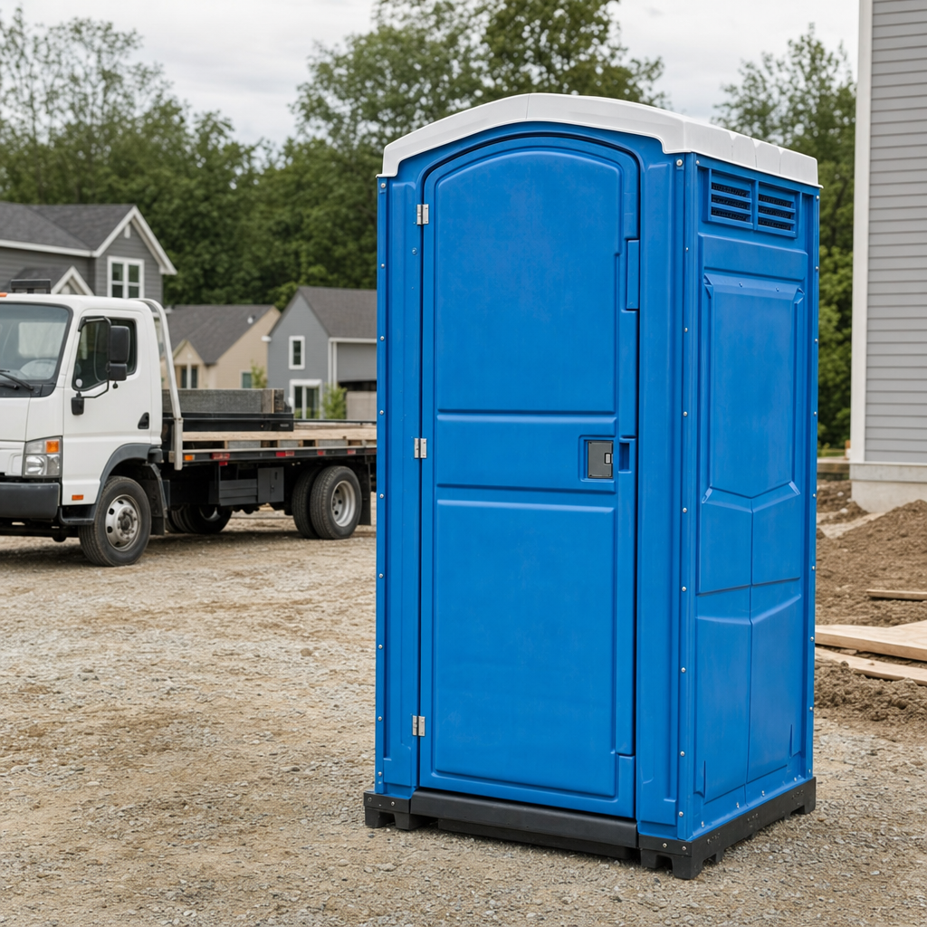 Delivery driver positioning a clean royal-blue portable toilet on level ground at a Orlando worksite