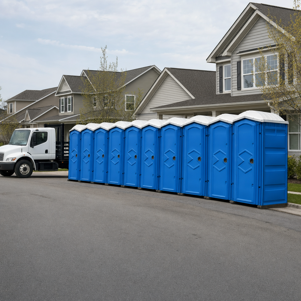 Royal blue portable toilets staged in a tidy row at a Orlando jobsite, ready for delivery